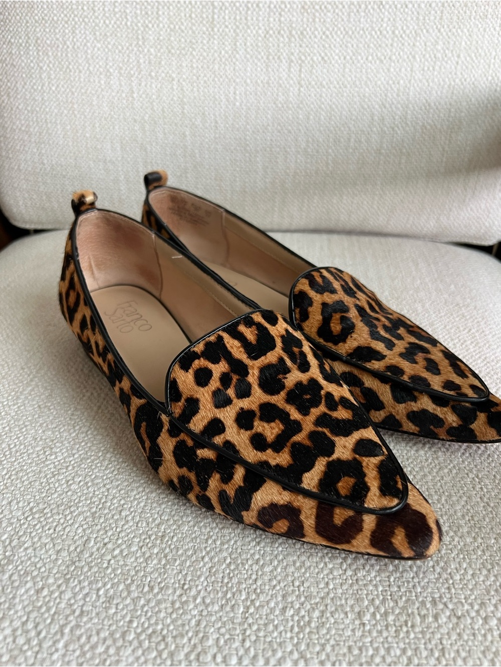Franco Sarto Leopard Print Pointed Loafers in Brown and Black